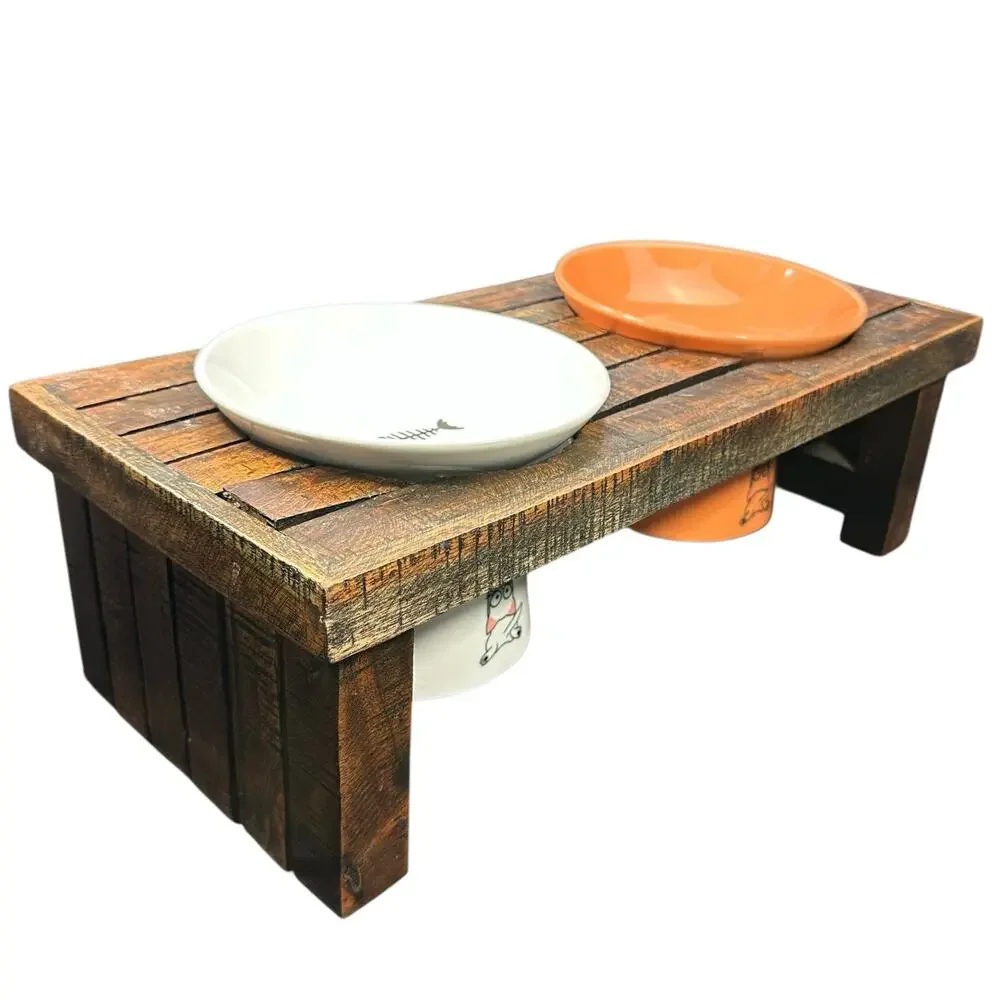 Rustic Wood Elevated Pet Feeder Farmhouse Country Style Cat Dog Feeder 17x8x6